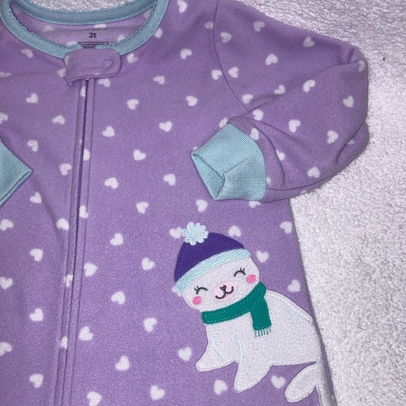 5/$20 carters fleece zip purple white hearts seal sleeper footie pajamas 2t - Picture 4 of 6